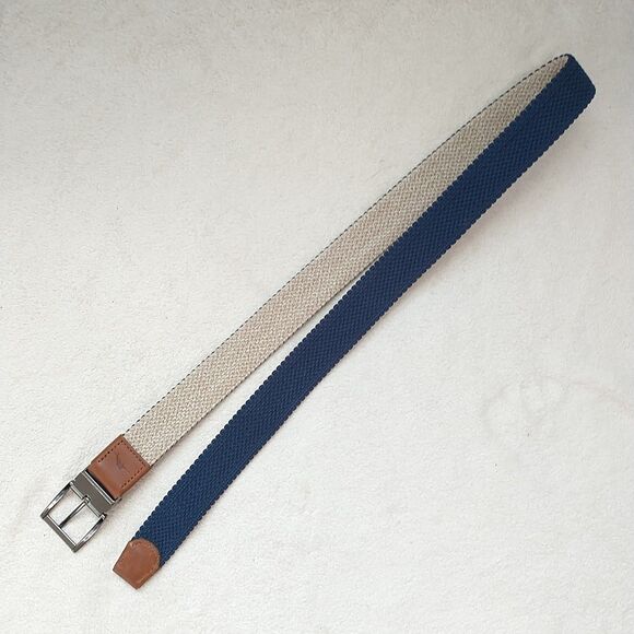 Tommy Bahama Belt Mens S/M Canvas Webbed Woven Navy Brown Leather - Picture 5 of 8